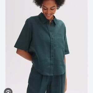 Opus fitalia shirt 100% Linen  Minimalist Lagenlook size 36 forest